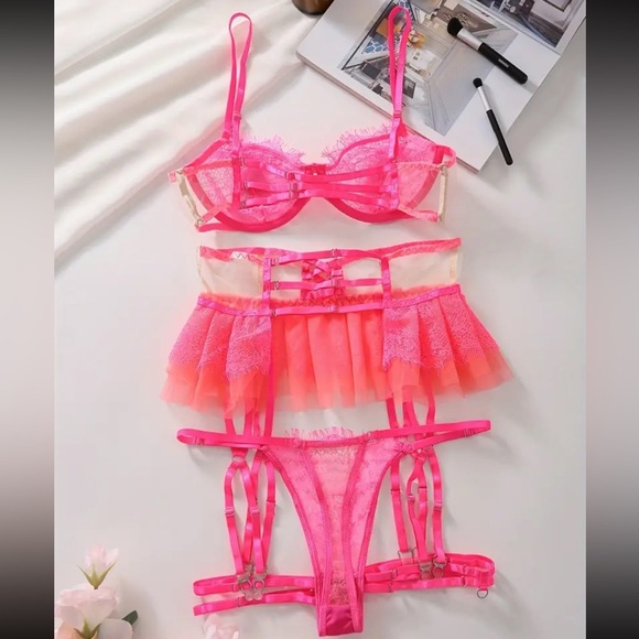 Neon Sherbet Floral Lace Strappy 3 Piece Lingerie Set - Picture 4 of 4